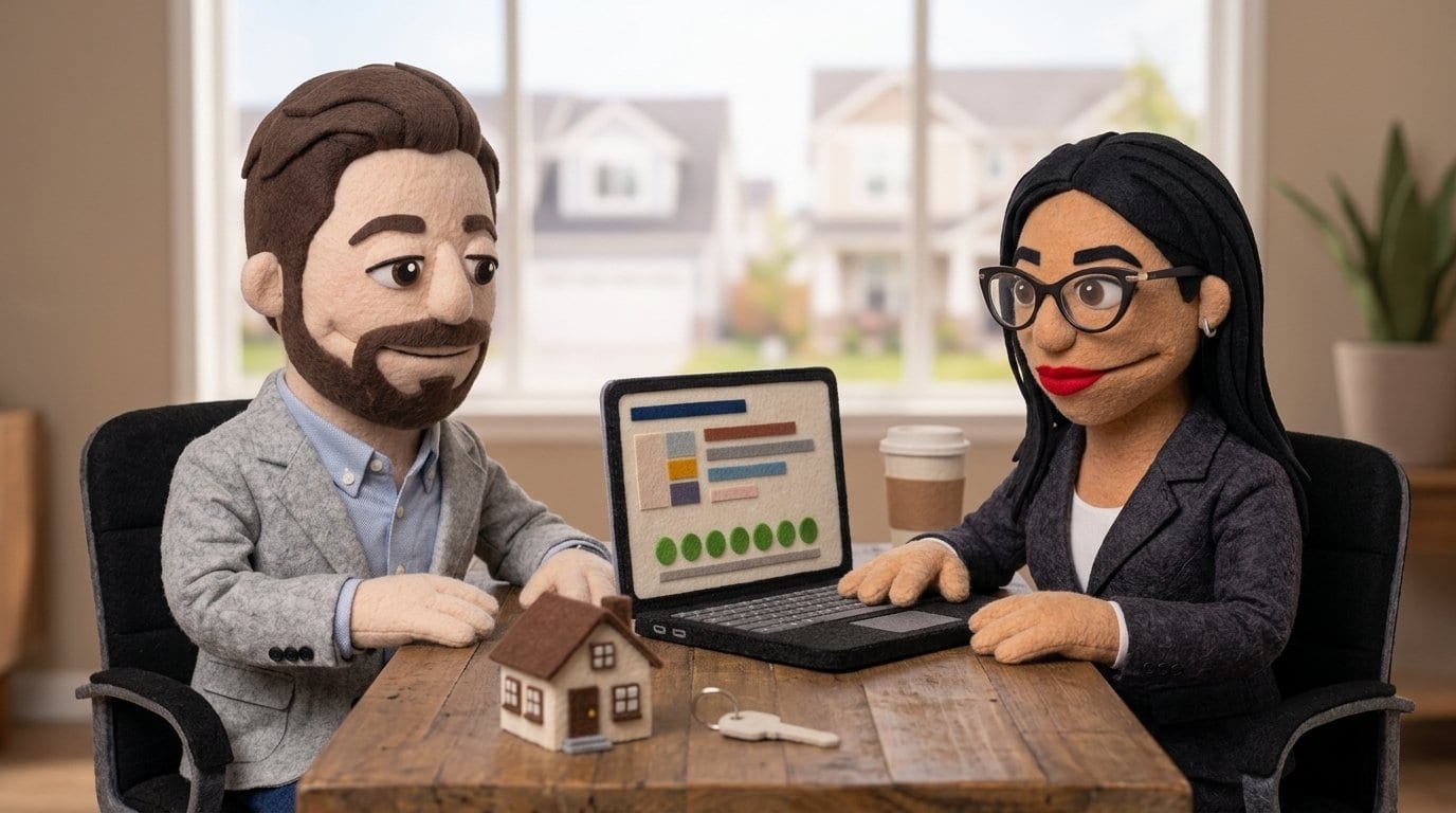 Two felt puppet mortgage professionals, a bearded man in a gray coat and a black-haired woman in a blazer, review a laptop of abstract progress bars beside a small felt model house and house key