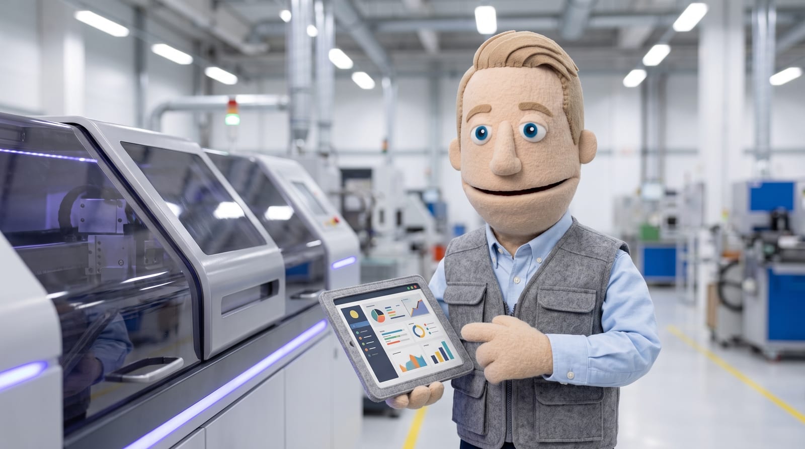 Felt-puppet-style illustration of a factory worker in a gray work vest holding a felt tablet with abstract dashboard shapes, standing beside industrial machinery with soft indigo status lights