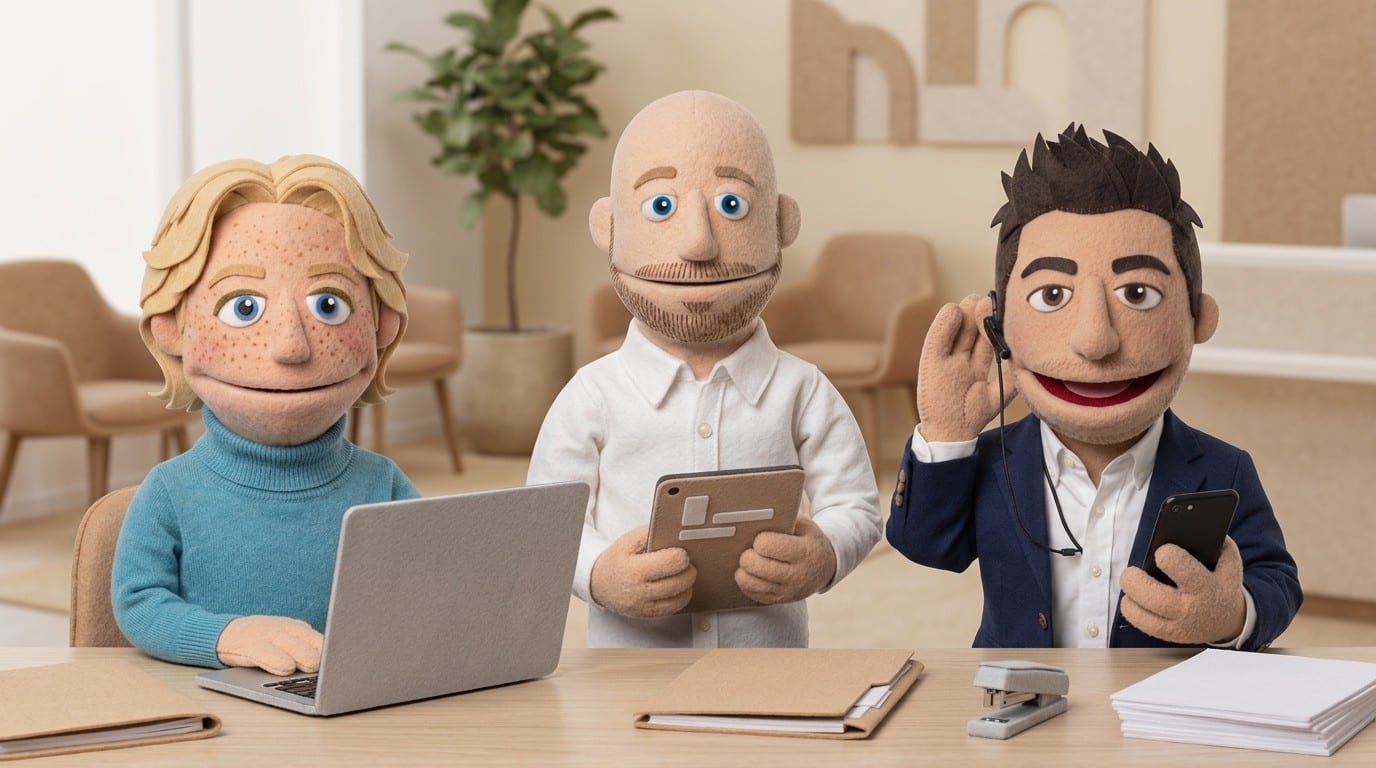 Three felt puppets working together at a medical practice front desk, one on a headset call, one at a laptop showing calendar blocks, one holding a tablet