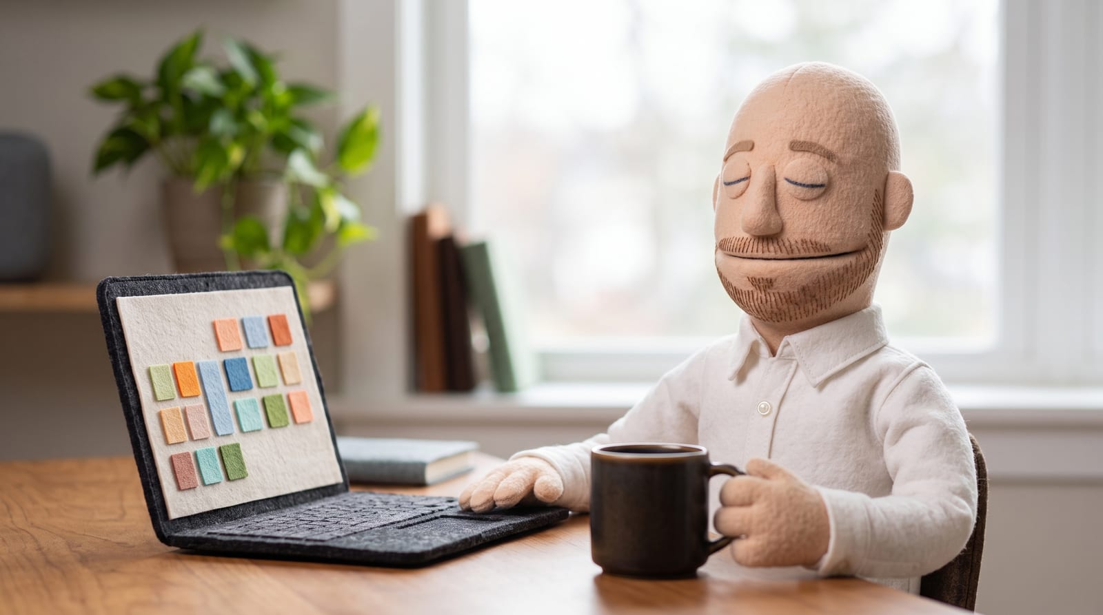 Bald felt puppet character with a stubble beard sitting alone at a desk taking a relaxed break between meetings, with a warm mug and a laptop showing calendar blocks nearby