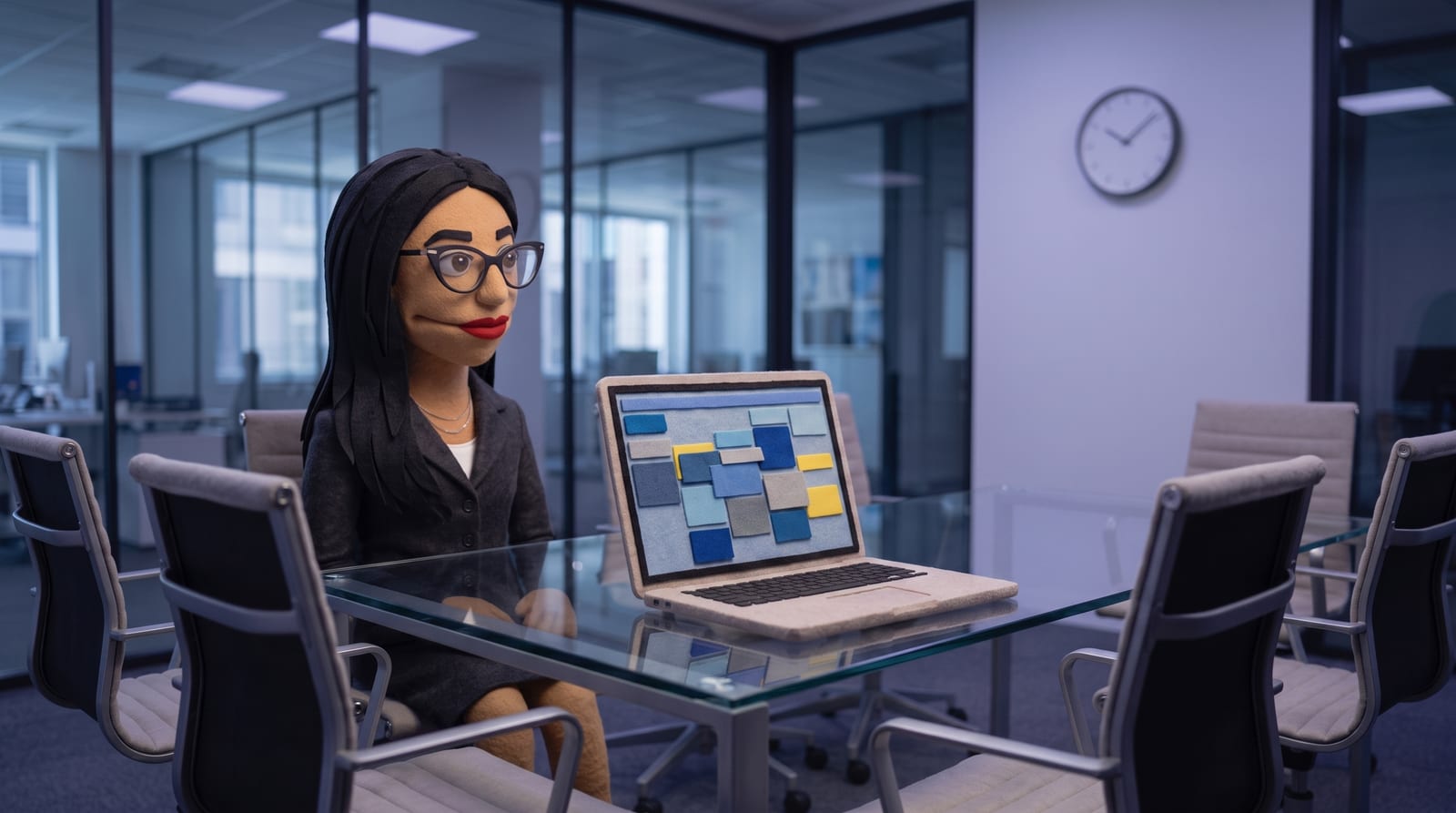Felt puppet character sitting alone at a glass conference table surrounded by empty chairs, looking at a wall clock and a laptop showing calendar blocks