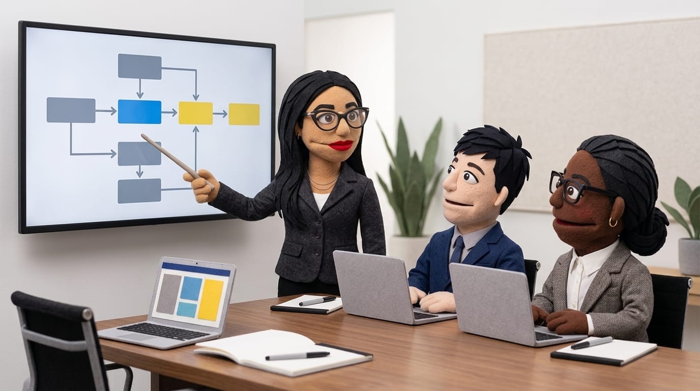 Three felt puppet coworkers in a bright office training session, one standing and pointing at a wall screen of flowchart boxes while two colleagues with laptops listen and nod