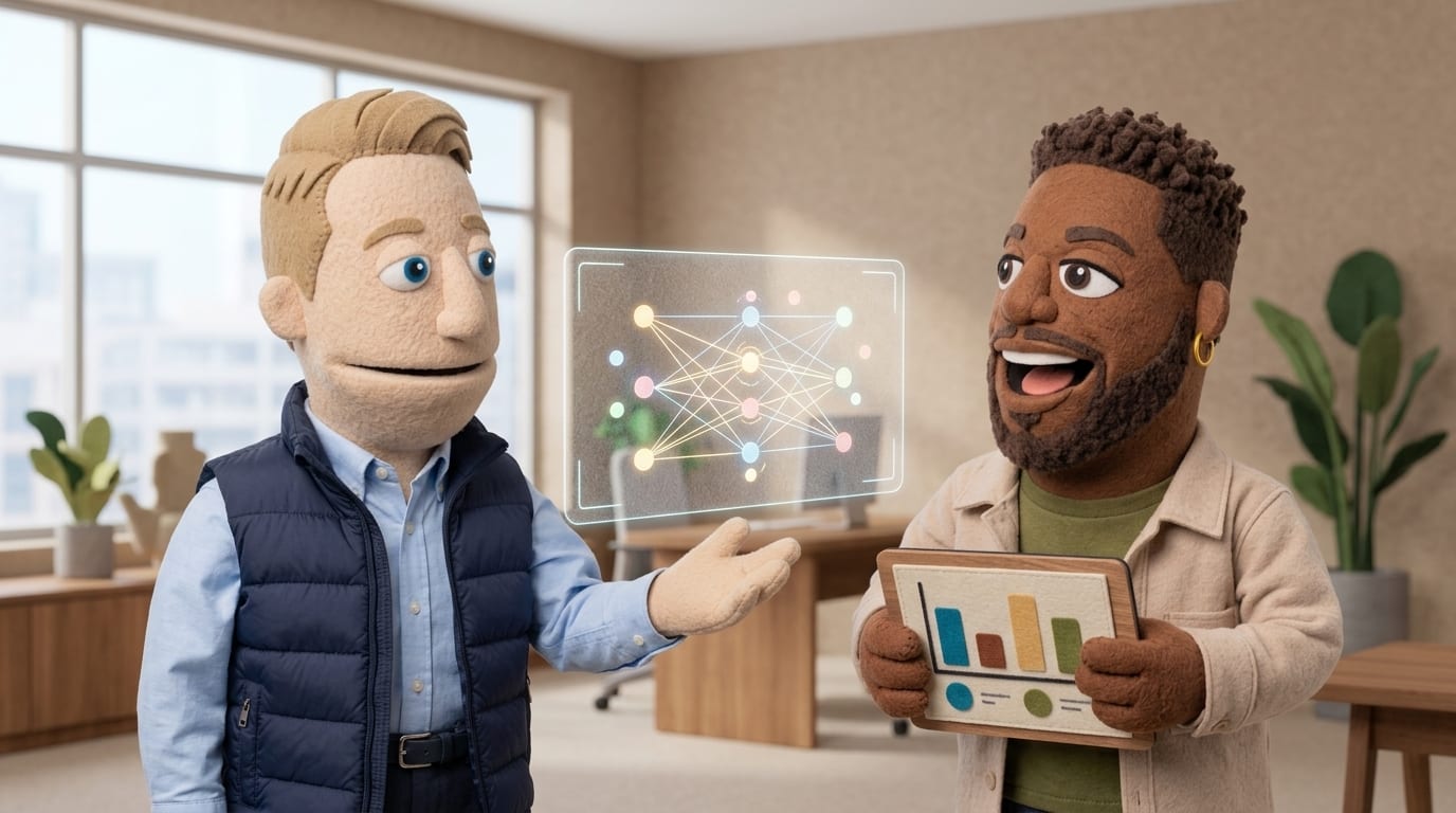 Two felt puppet colleagues in an office looking at a floating holographic display of glowing connected dots, representing AI agents working together, while one holds a tablet with an abstract bar chart