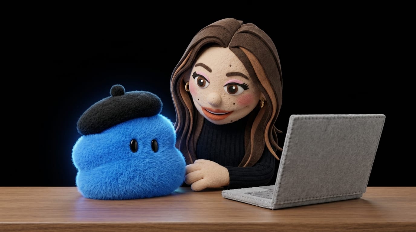 A felt puppet woman in a black turtleneck smiles at her laptop while a small fuzzy blue dot character wearing a black beret sits beside her on the desk like a teammate