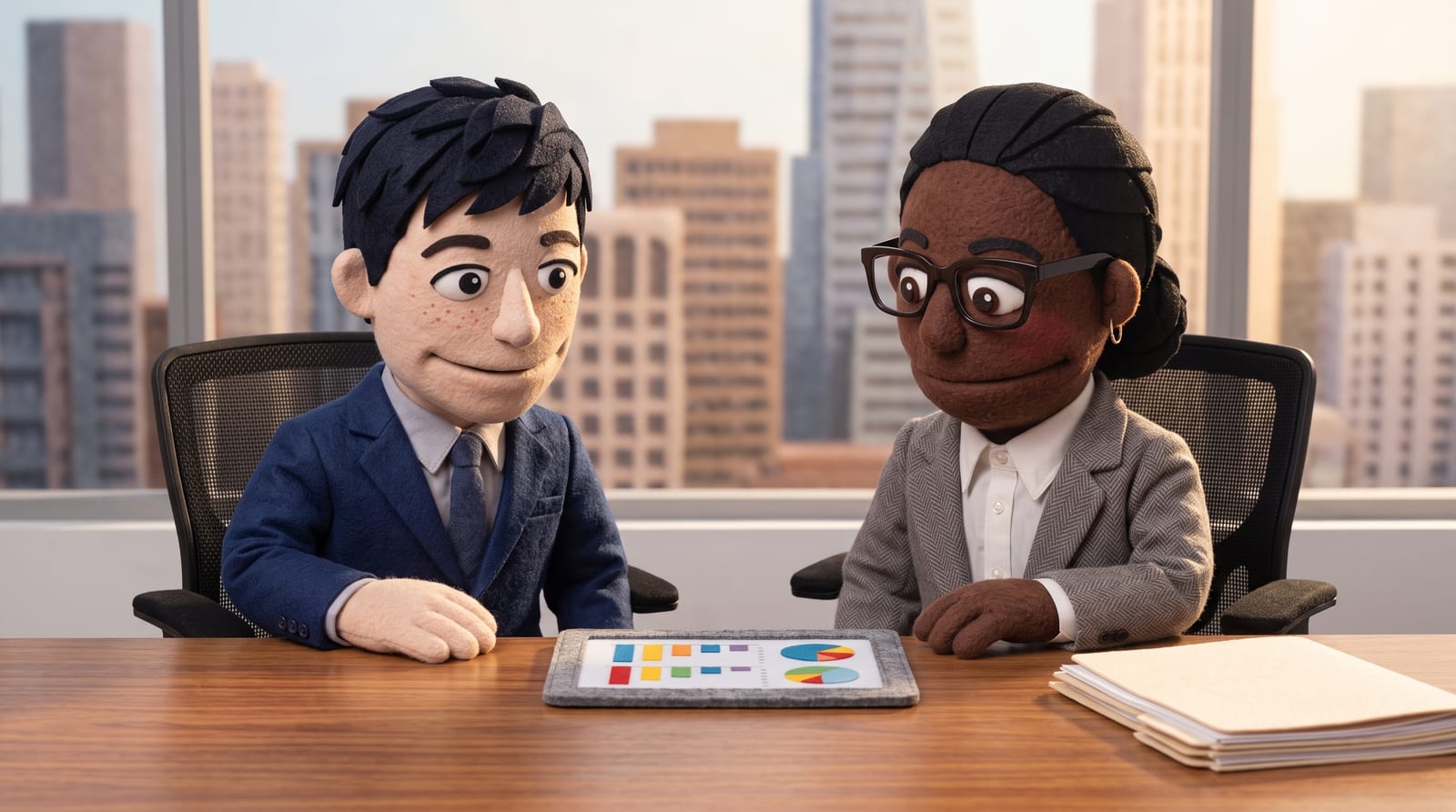 Two felt puppet colleagues seated side by side behind an office desk, looking at a tablet showing portfolio performance charts together, with a city skyline in the background