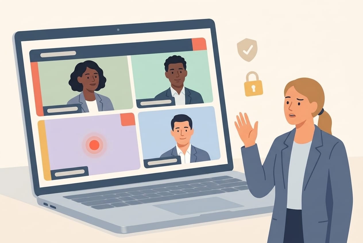 Flat illustration of a video call on a laptop where one participant tile is only a red recording dot, with a professional raising her hand beside it