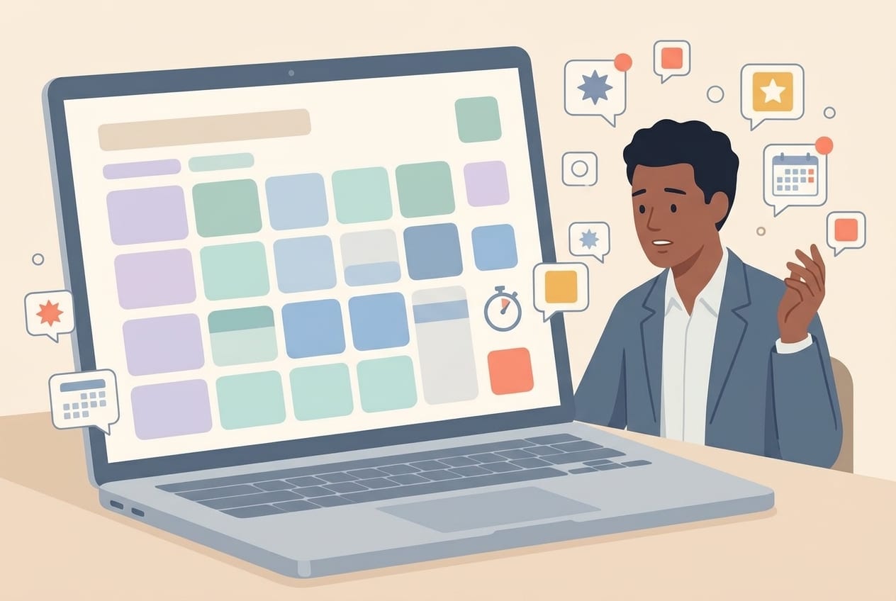 Flat illustration of a professional at a laptop surrounded by floating notification bubbles and a stopwatch