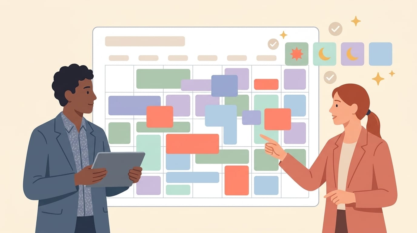 Flat illustration of two colleagues reviewing an oversized calendar crowded with overlapping, double-booked blocks