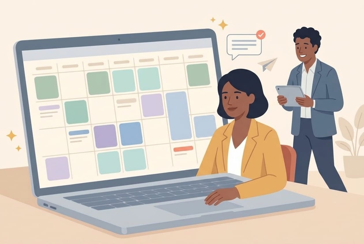 Flat illustration of an executive assistant in a mustard blazer managing a pastel weekly calendar on a laptop, with sparkle and chat icons and a colleague holding a tablet