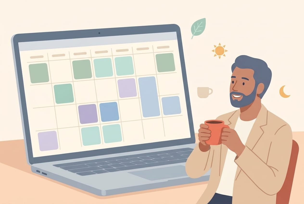 Flat illustration of a relaxed professional holding a coffee mug next to a laptop calendar with open gaps between meetings