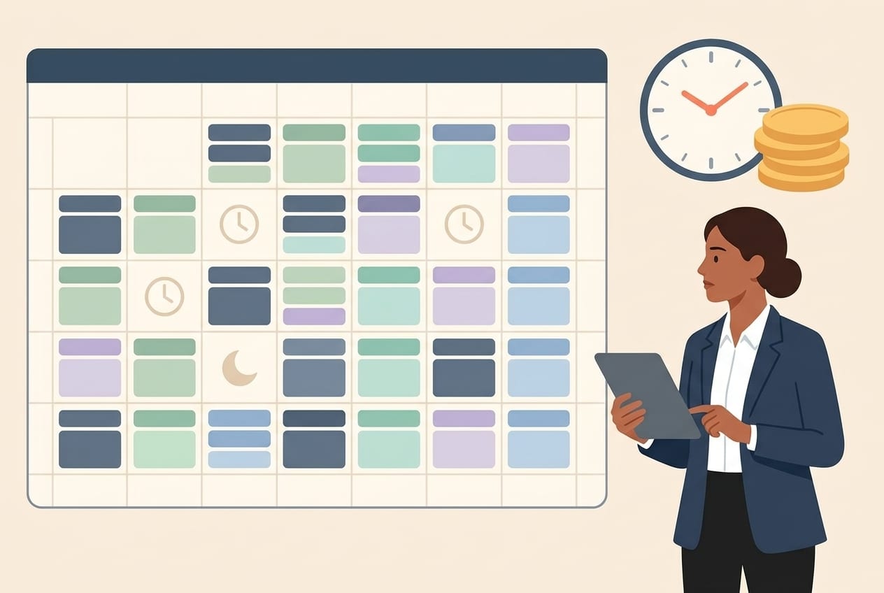 Flat illustration of a professional with a tablet beside an oversized wall calendar packed with meeting blocks, with a wall clock and a stack of gold coins