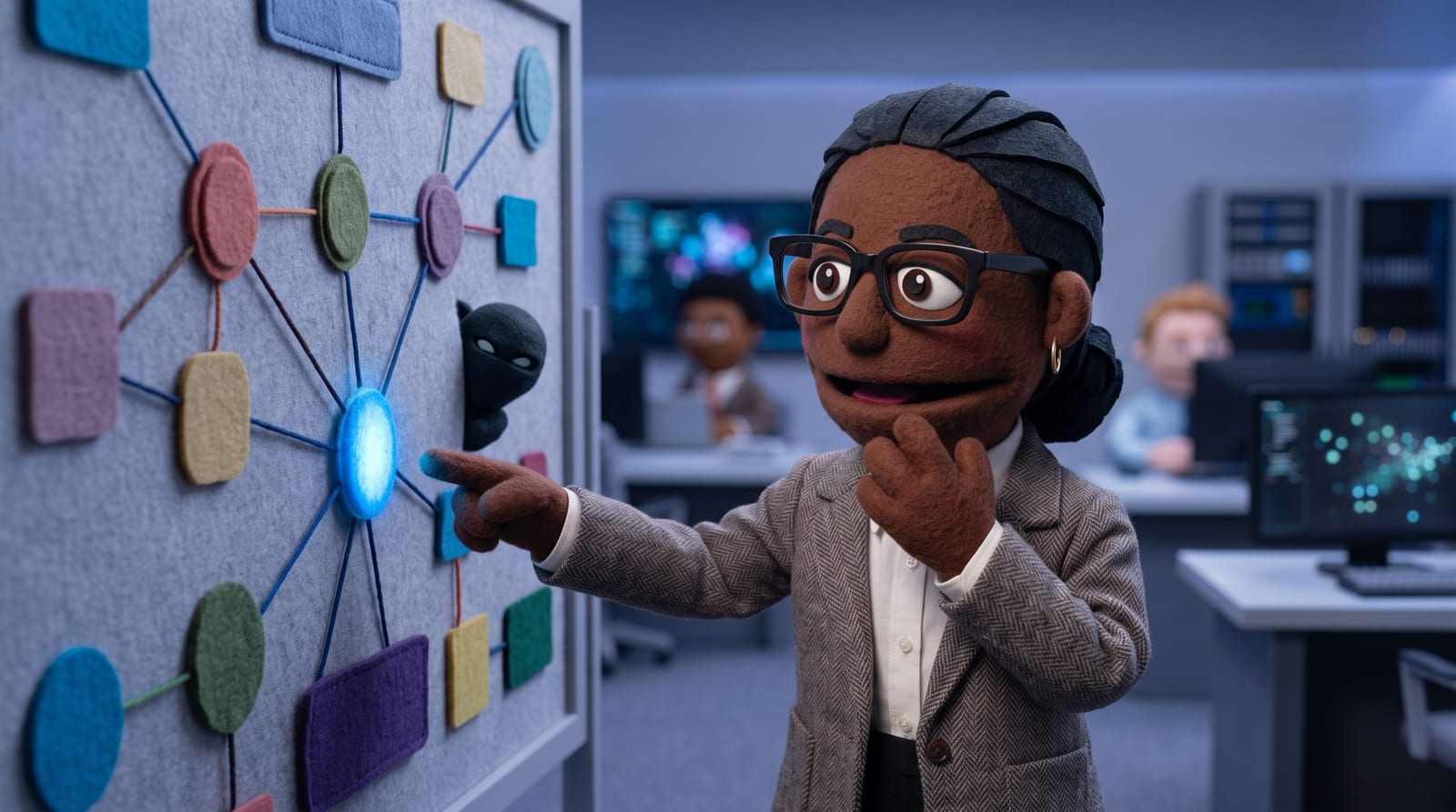 Felt-puppet-style illustration of a puppet character in glasses and a blazer pointing with concern at a glowing node on an abstract network diagram board, with a small shadowy AI agent puppet character peeking from behind the network