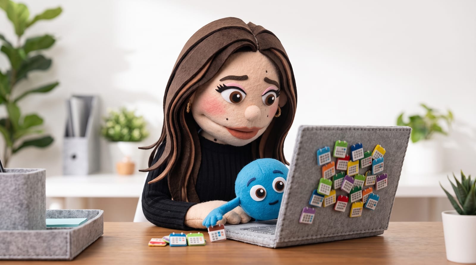 Felt-puppet-style illustration of a man in a navy suit at a glass conference table reviewing a felt tablet covered in abstract colored app icons, with a blurred city skyline behind him