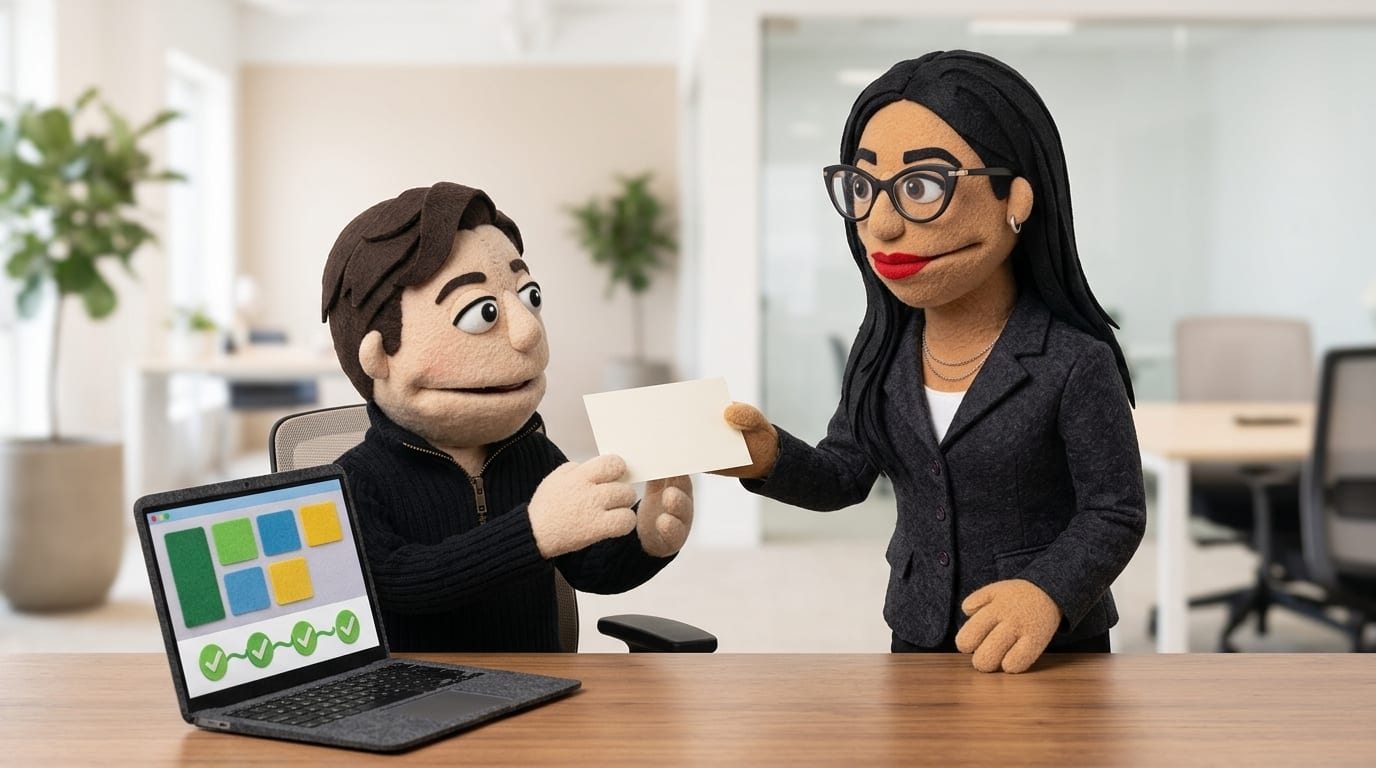 Two felt puppet coworkers in a bright office: one hands a blank task card to a colleague at a laptop showing a row of completed green checkmarks.