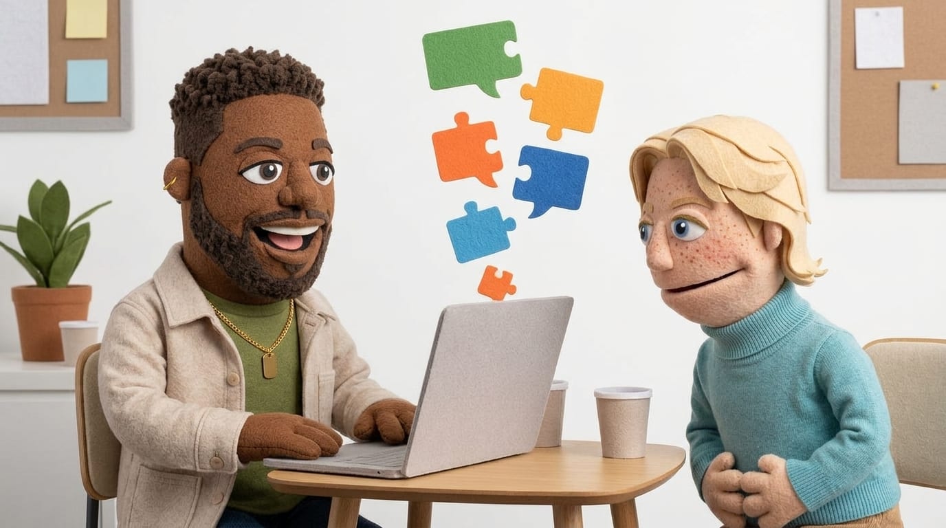 Two felt puppets sit together at a small table with a laptop as a stream of colorful blank felt tiles floats above it, as if building a sentence piece by piece.